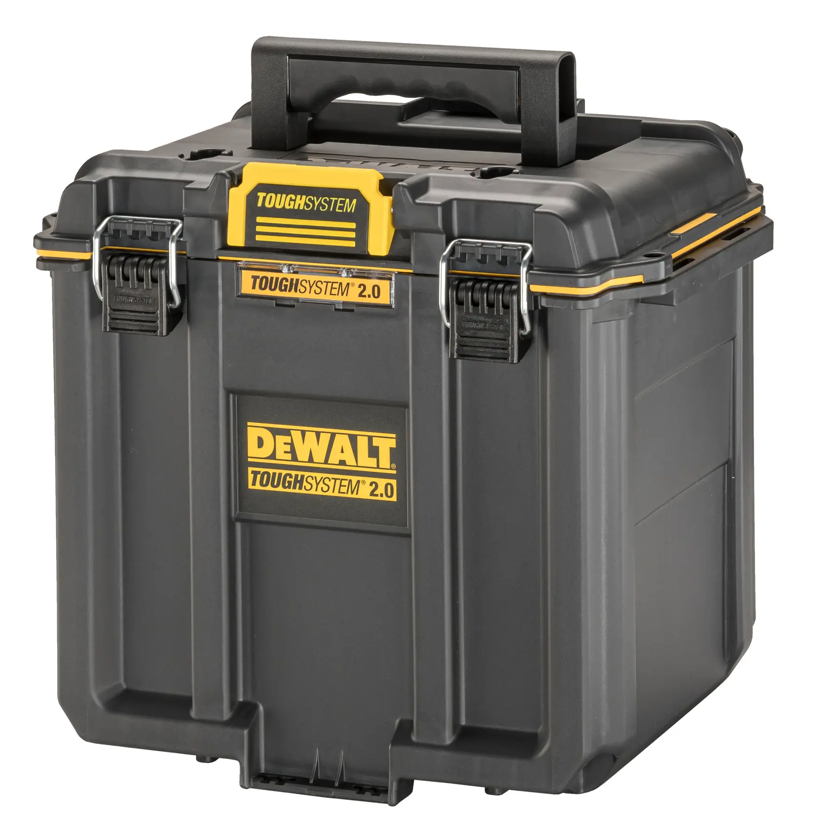 Gráfico promocional de DEWALT ToughSystem 2.0 con el lema 'Storage Built to Handle It' en letras grandes y amarillas sobre un fondo oscuro y texturizado.