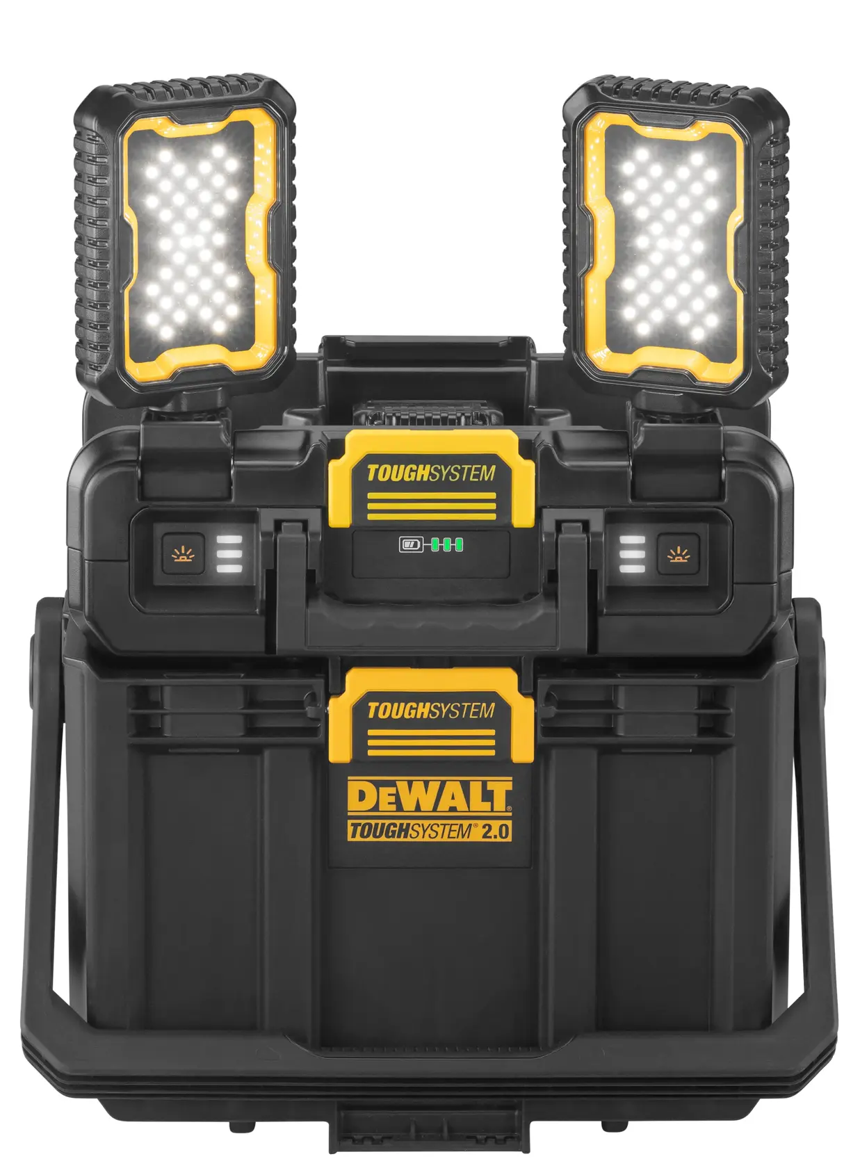 Gráfico promocional de DEWALT ToughSystem 2.0 con el lema 'Storage Built to Handle It' en letras grandes y amarillas sobre un fondo oscuro y texturizado.