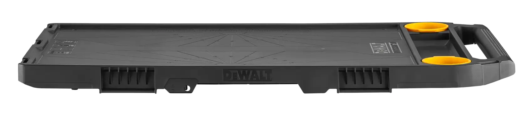 Bandeja negra plana DEWALT DWST08550-1 con asa y dos soportes amarillos, vista lateral.