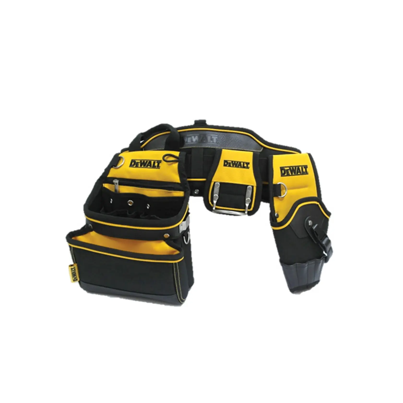 Foto del cinturón de herramientas DEWALT DWST1-75552 con múltiples bolsillos, negro y amarillo, vista frontal.