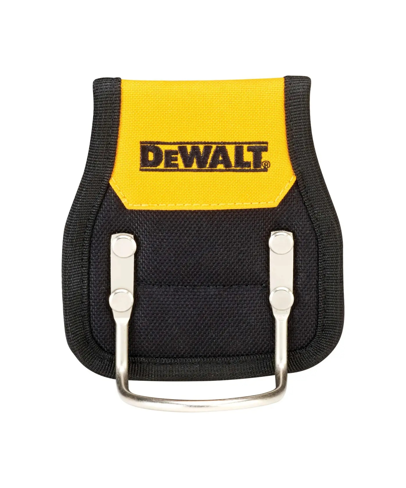 Vista frontal de una funda para taladro de color negro y amarillo de la marca DEWALT con herrajes metálicos, diseñada para sujetarse a un cinturón de herramientas.