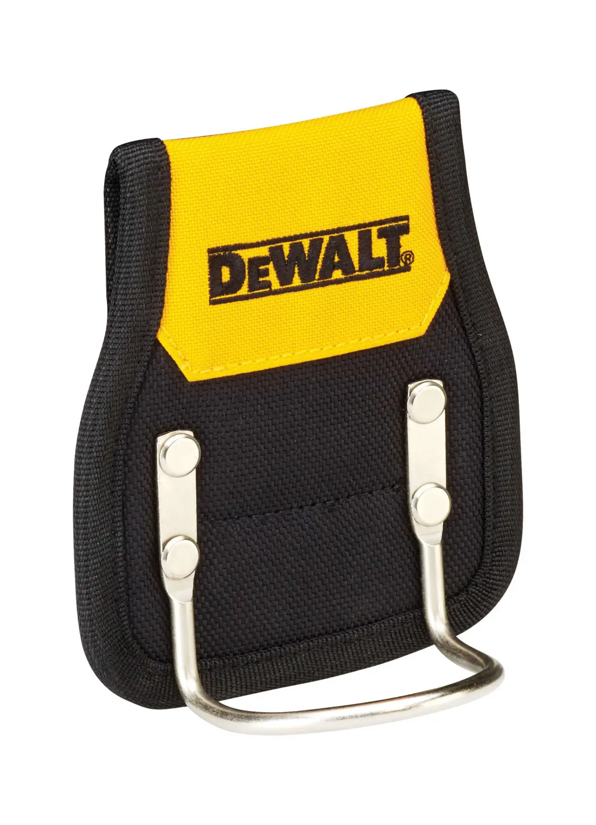 Porta martillo DEWALT de tela negra y amarilla con aro metálico para herramientas.