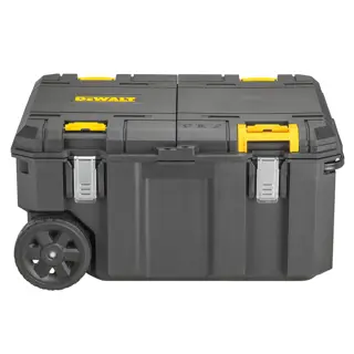 Caja de herramientas rodante negra DEWALT con detalles amarillos, que tiene dos ruedas y cierres metálicos en la parte frontal.