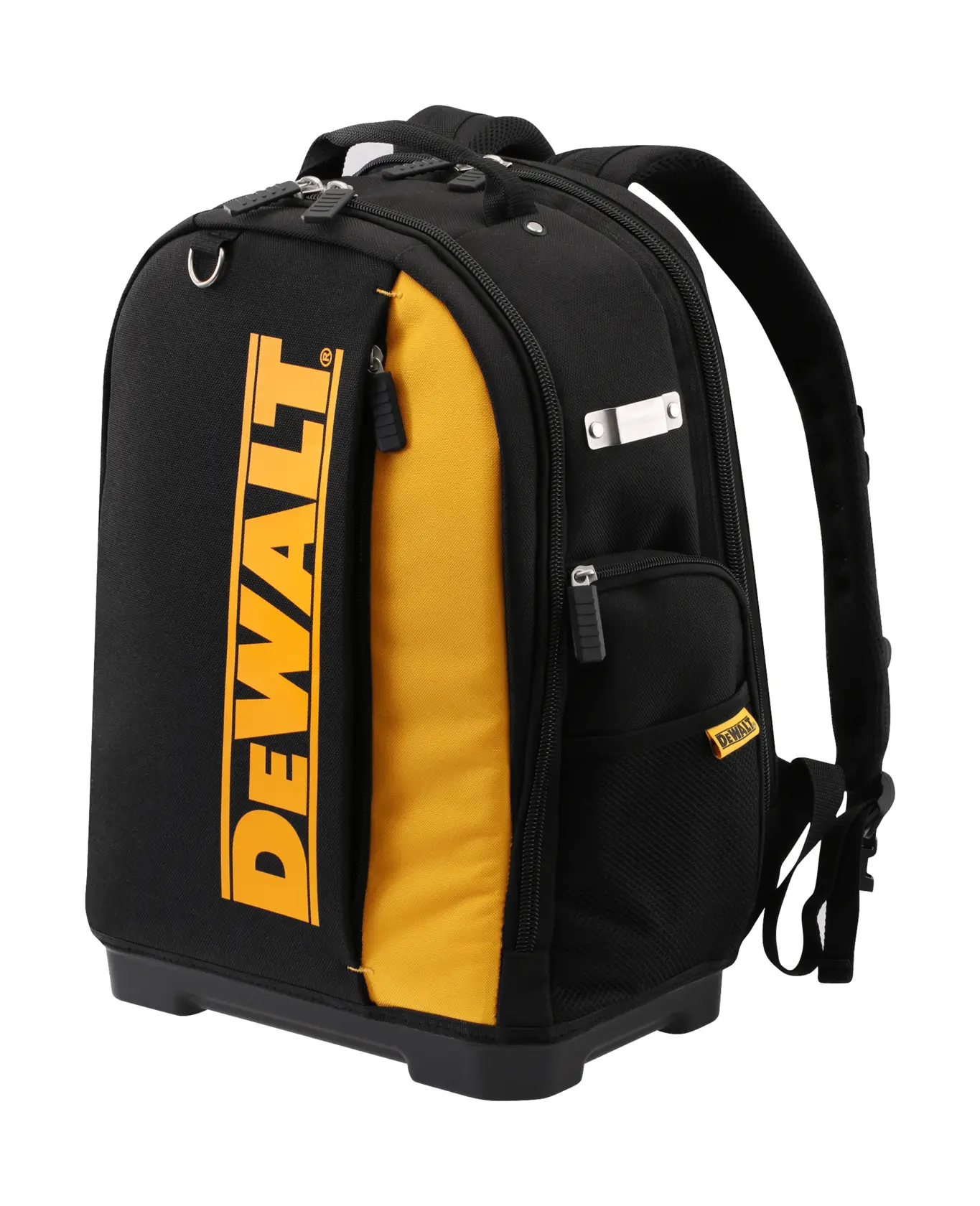 Mochila de herramientas DEWALT negra y amarilla con compartimentos y correas.