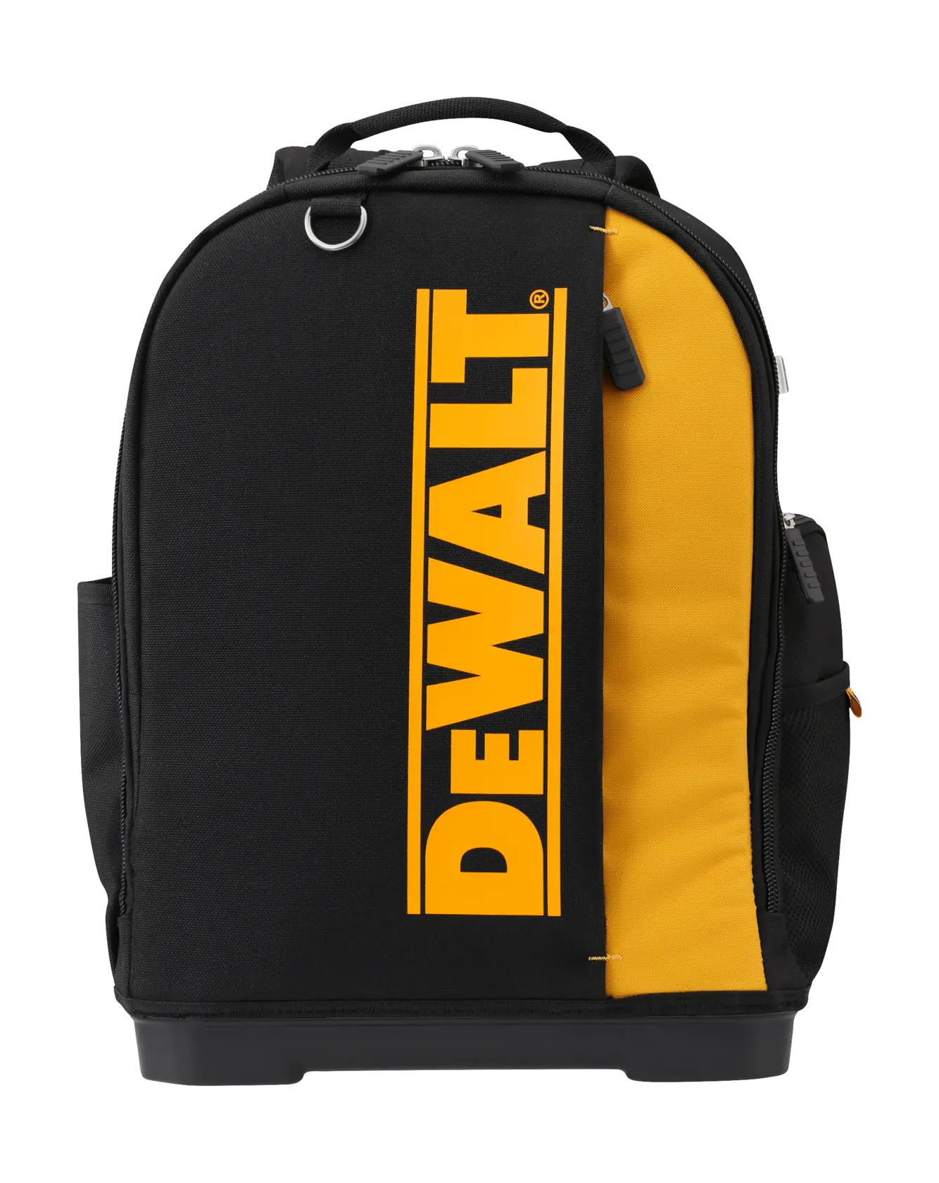 Mochila negra y amarilla DEWALT con logo visible, asa fuerte y compartimentos con cremallera, vista frontal.