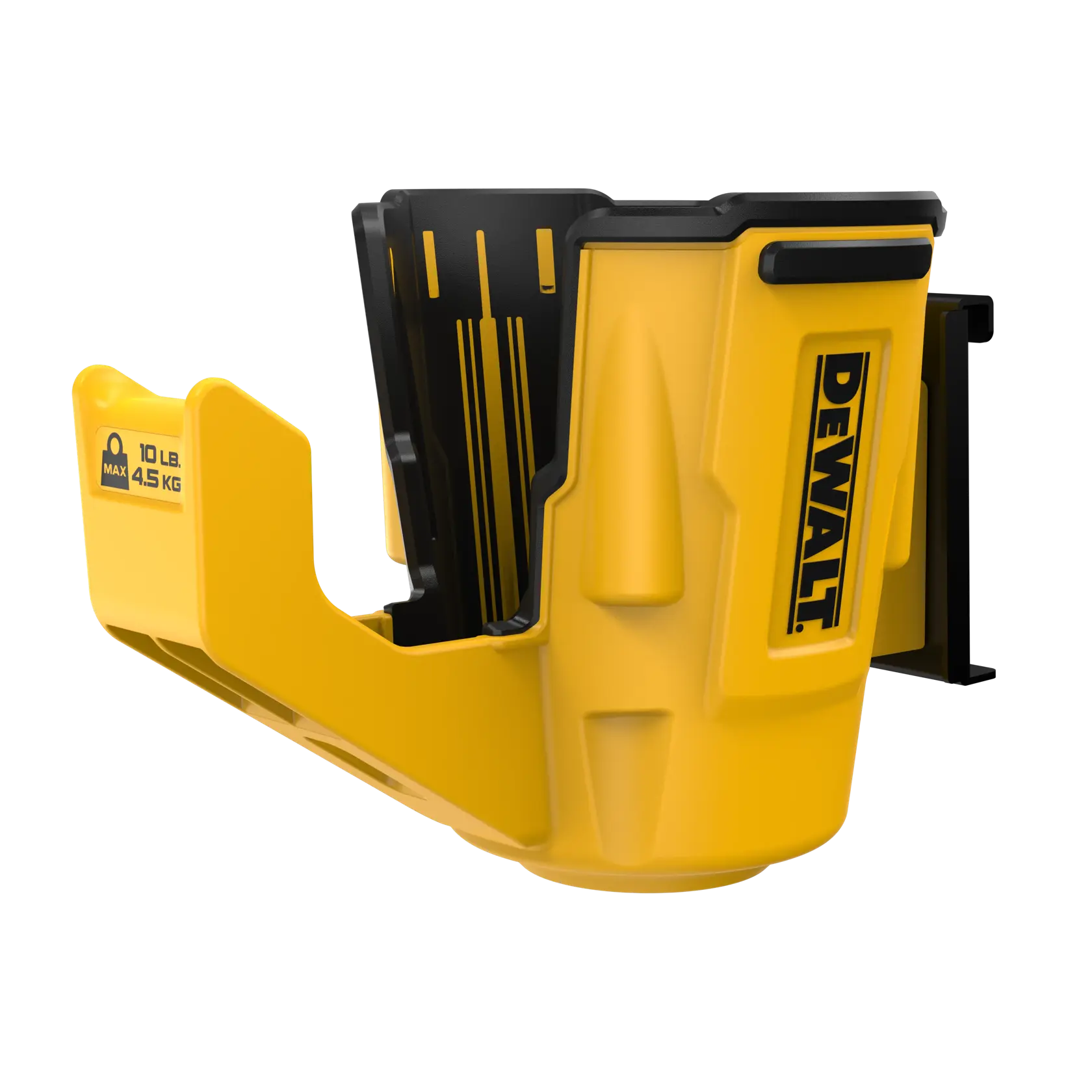 Soporte de accesorios para pared amarillo y negro DEWALT. Presenta el logo DEWALT en el lateral y una etiqueta que indica una capacidad máxima de 10 lb (4,5 kg). Diseñado para guardar herramientas o accesorios de forma segura.