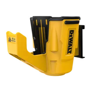 Soporte de accesorios para pared amarillo y negro DEWALT. Presenta el logo DEWALT en el lateral y una etiqueta que indica una capacidad máxima de 10 lb (4,5 kg). Diseñado para guardar herramientas o accesorios de forma segura.
