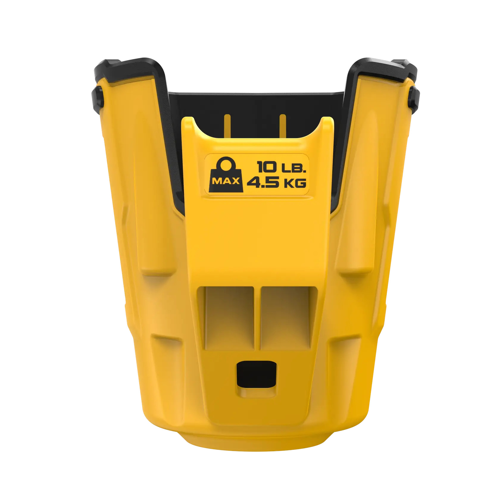 Vista frontal de un accesorio de herramienta amarillo DEWALT con interior negro. El accesorio tiene una etiqueta de capacidad máxima que dice 'MAX 10 LB. 4,5 KG'.