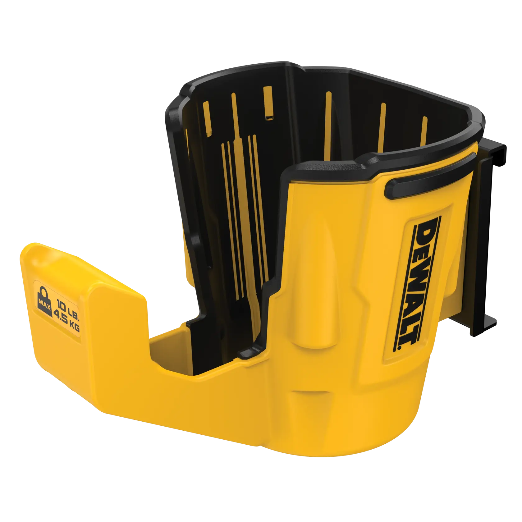 Un soporte para herramientas DEWALT amarillo y negro hecho de plástico resistente, diseñado para soportar hasta 10 lb (4,5 kg). El soporte muestra el logotipo DEWALT y tiene una forma abierta y contorneada para sujetar herramientas o accesorios de manera segura.