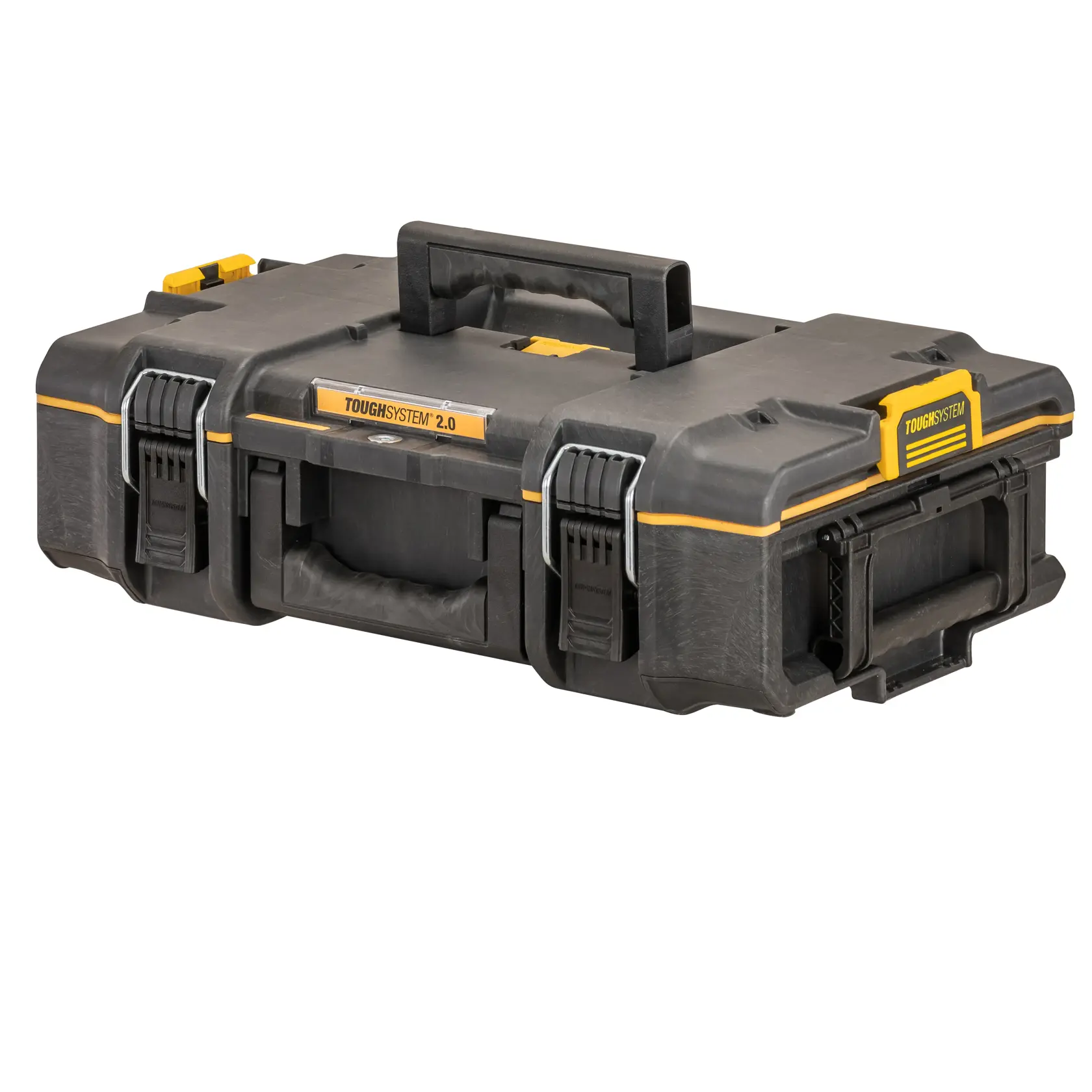 Gráfico promocional de DEWALT ToughSystem 2.0 con el lema 'Storage Built to Handle It' en letras grandes y amarillas sobre un fondo oscuro y texturizado.