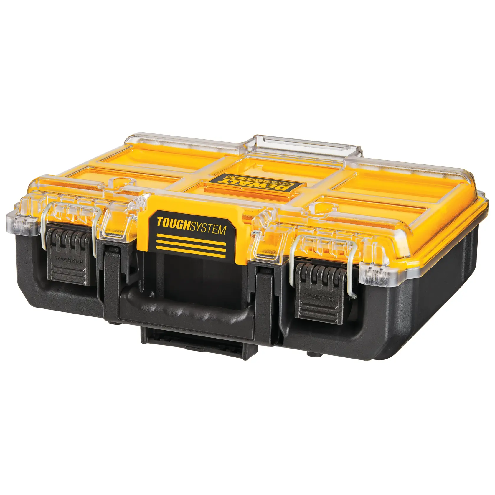 Gráfico promocional de DEWALT ToughSystem 2.0 con el lema 'Storage Built to Handle It' en letras grandes y amarillas sobre un fondo oscuro y texturizado.