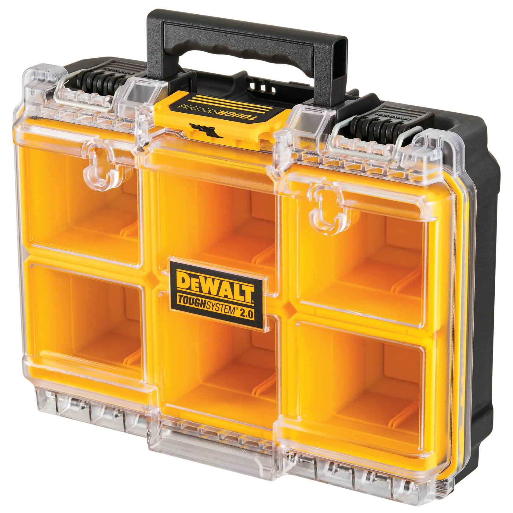 Graphique promotionnel DEWALT ToughSystem 2.0 avec le slogan 'Storage Built to Handle It' en grandes lettres jaunes sur un fond sombre texturé.