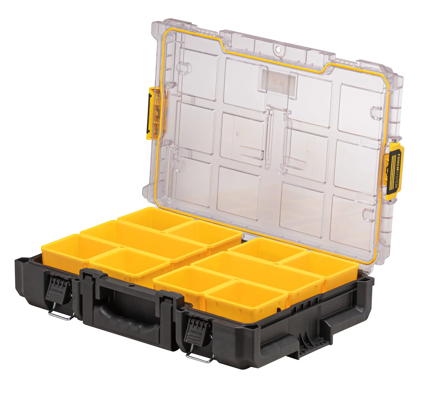 Graphique promotionnel DEWALT ToughSystem 2.0 avec le slogan 'Storage Built to Handle It' en grandes lettres jaunes sur un fond sombre texturé.