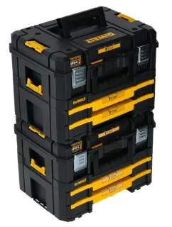Cajas TSTAK DEWALT apiladas, modelos DWST83395 y DWST83395-1, negras y amarillas.
