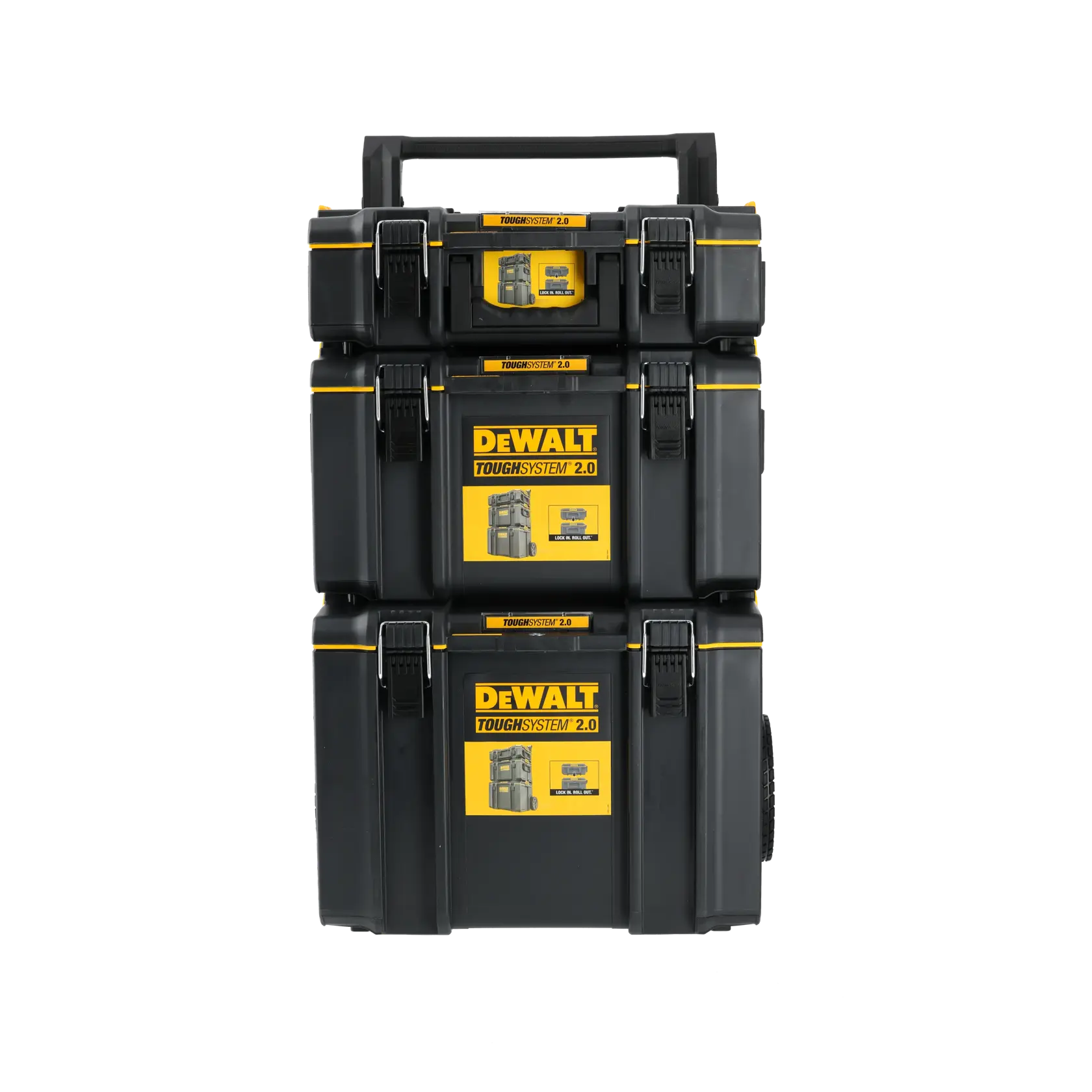 Gráfico promocional de DEWALT ToughSystem 2.0 con el lema 'Storage Built to Handle It' en letras grandes y amarillas sobre un fondo oscuro y texturizado.