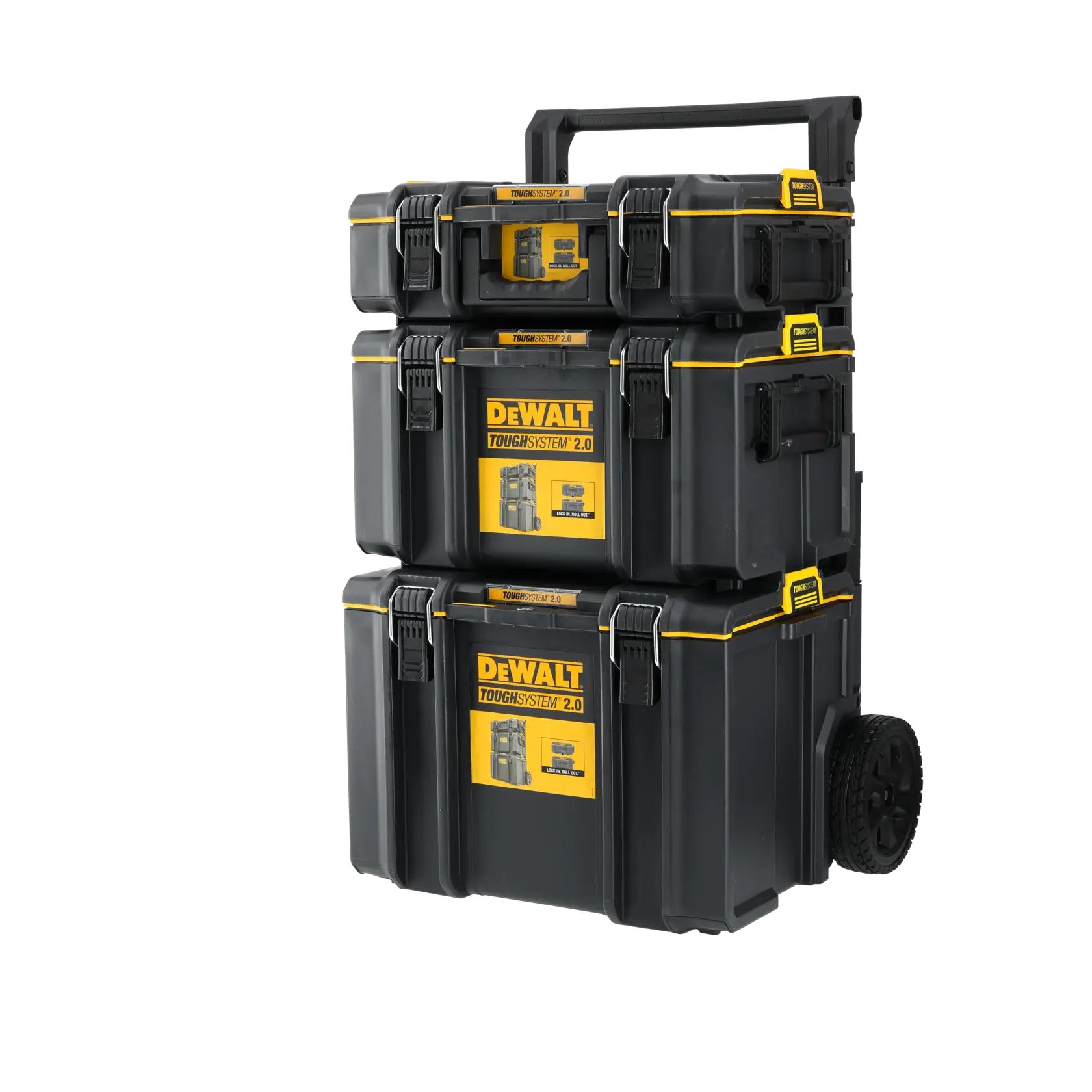 Graphique promotionnel DEWALT ToughSystem 2.0 avec le slogan 'Storage Built to Handle It' en grandes lettres jaunes sur un fond sombre texturé.