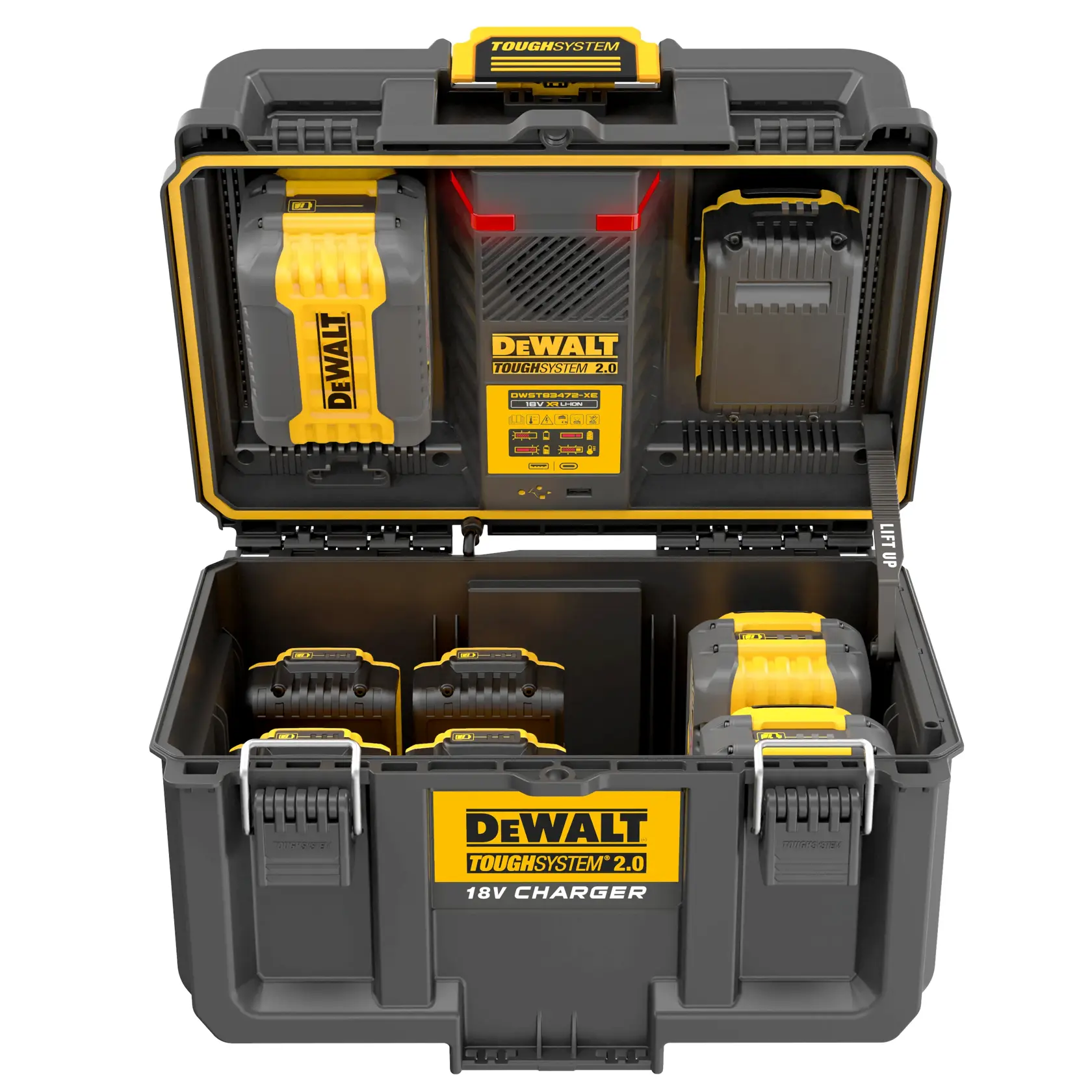 Caja cargador DEWALT ToughSystem 2.0 con espacios para baterías y diseño amarillo-negro.