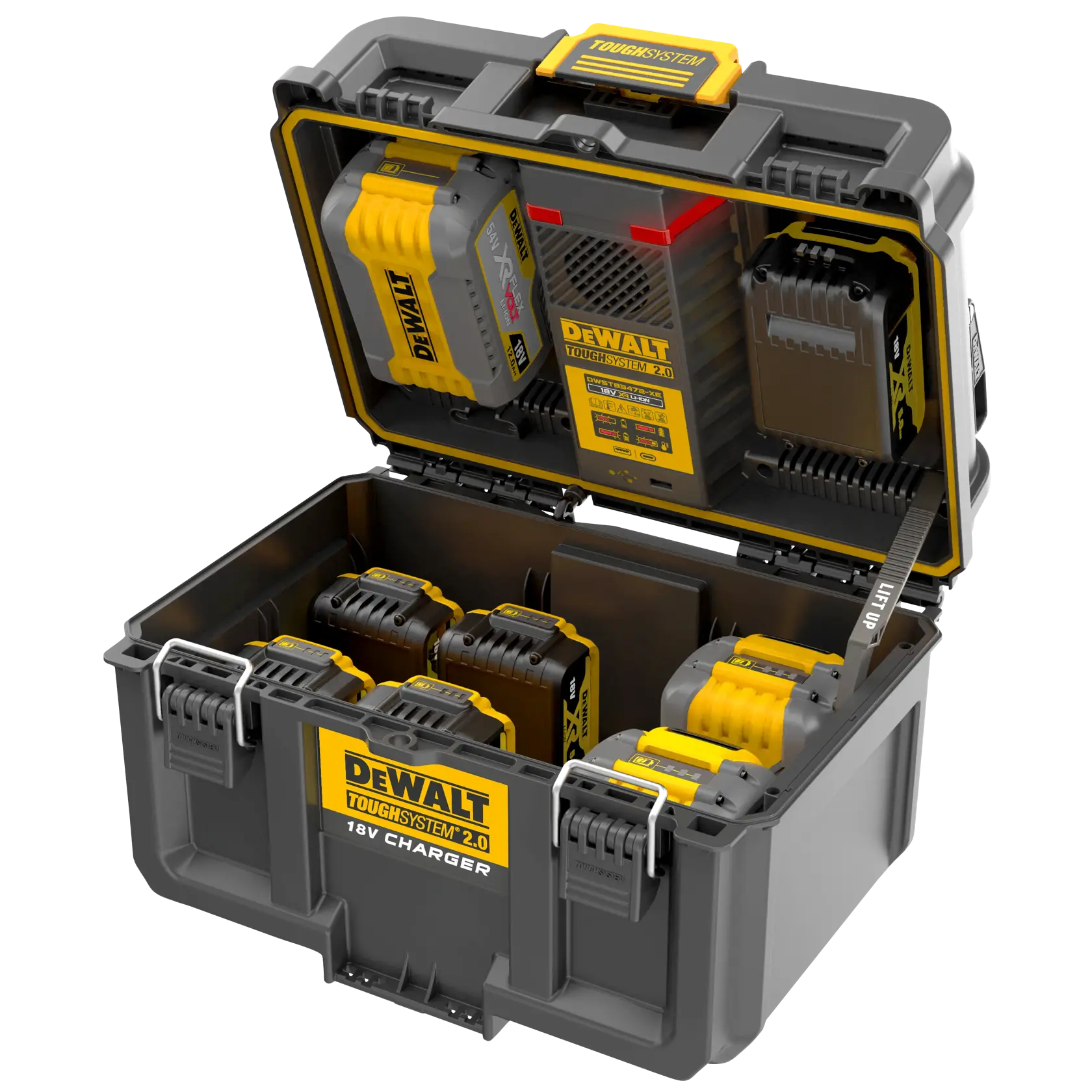 Caja abierta DEWALT ToughSystem 2.0 con cargador 18V y varias baterías para almacenar y cargar herramientas.