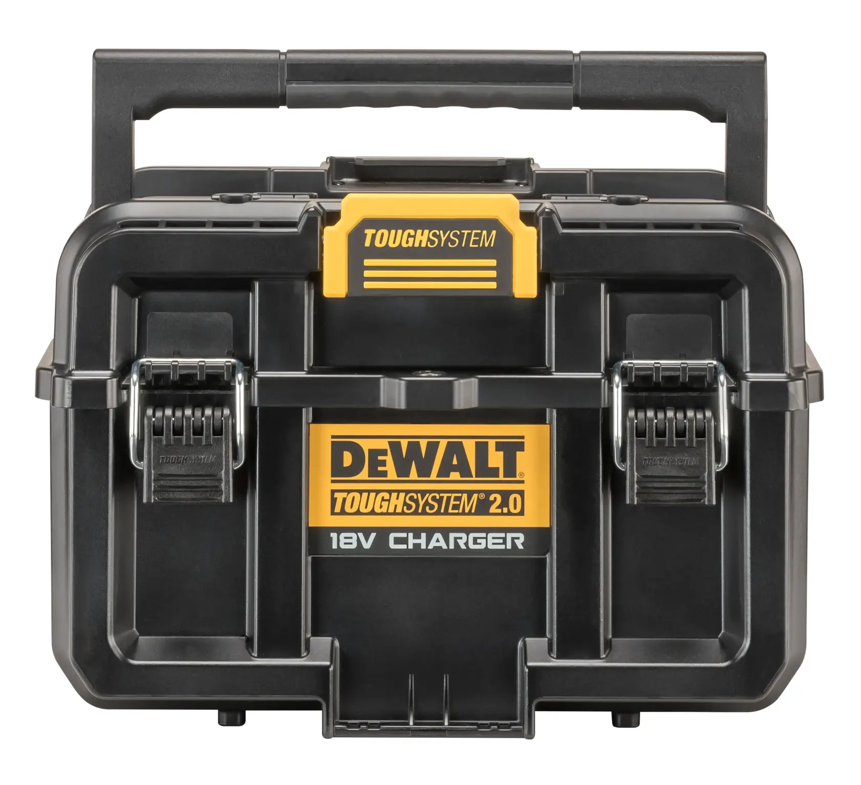Caja de herramientas DEWALT ToughSystem 2.0 negra con cargador 18V y asa robusta.