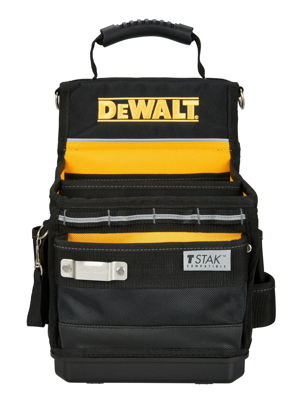 Una bolsa para herramientas negra y amarilla de la marca DEWALT con asa superior, varios compartimentos y una etiqueta 'T STAK Compatible' en la parte frontal.