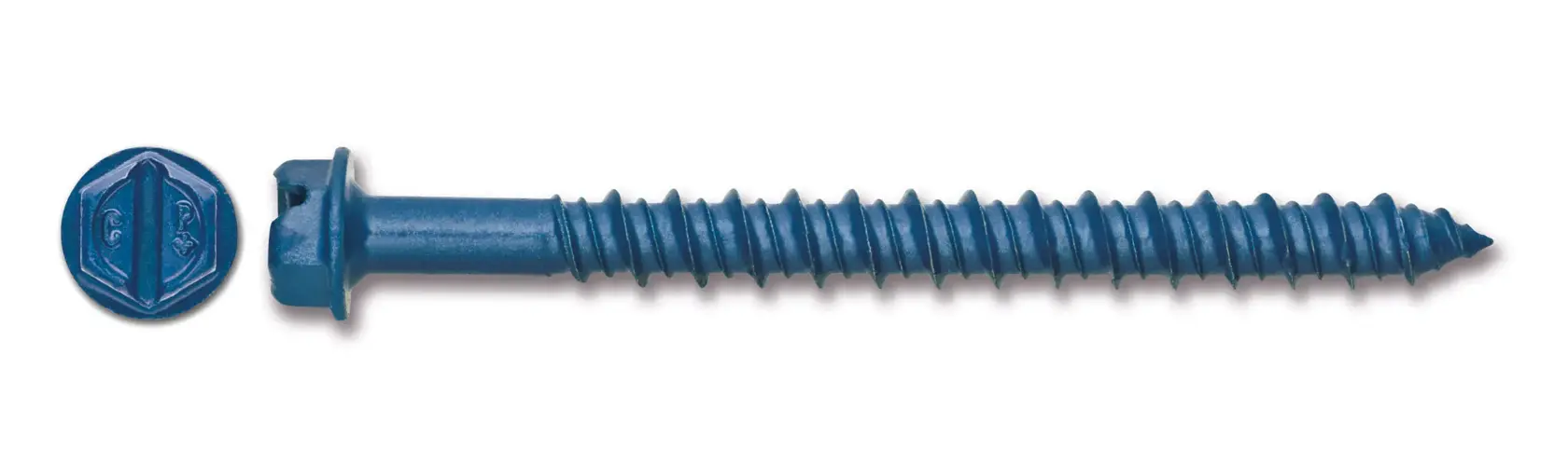 Tornillo metálico azul con cabeza hexagonal visto de lado y desde arriba sobre fondo blanco.