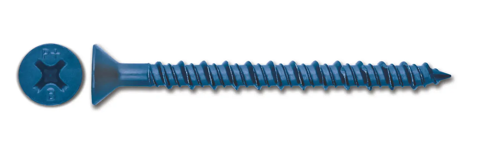 Tornillo azul de cabeza Phillips y eje roscado sobre fondo blanco.