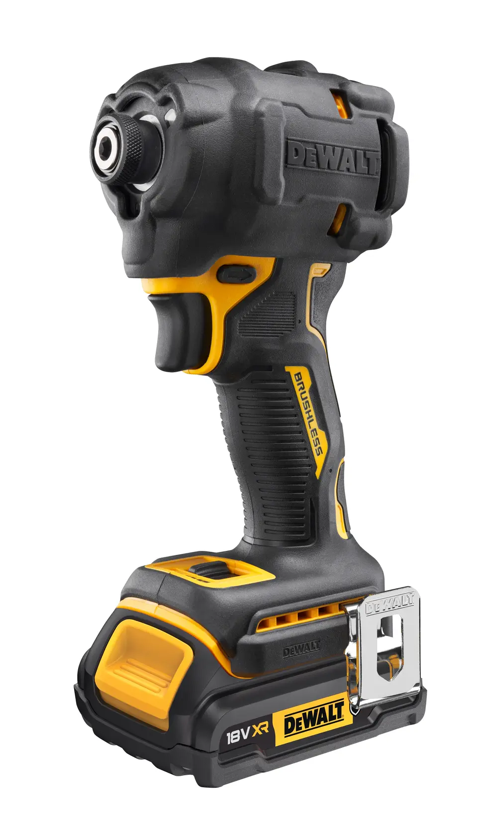 Fotografía de atornillador de impacto sin escobillas DEWALT PB850-QZ, negro y amarillo, lateral sobre fondo blanco.