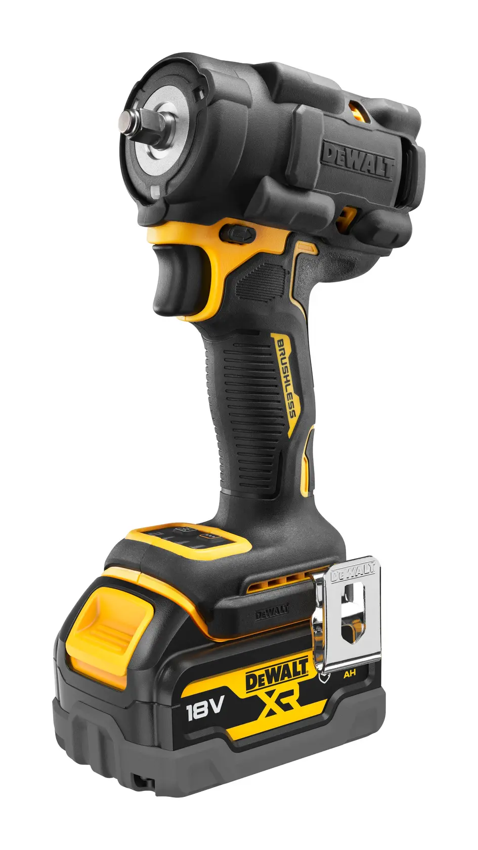 Foto de llave de impacto inalámbrica DEWALT, negro y amarillo, 18V, SKU PB921.22.23-QZ, vista en ángulo, fondo blanco.